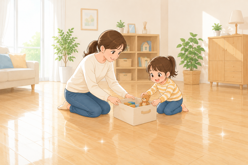 親子でおもちゃを片付ける様子。床が片付いた明るいリビング