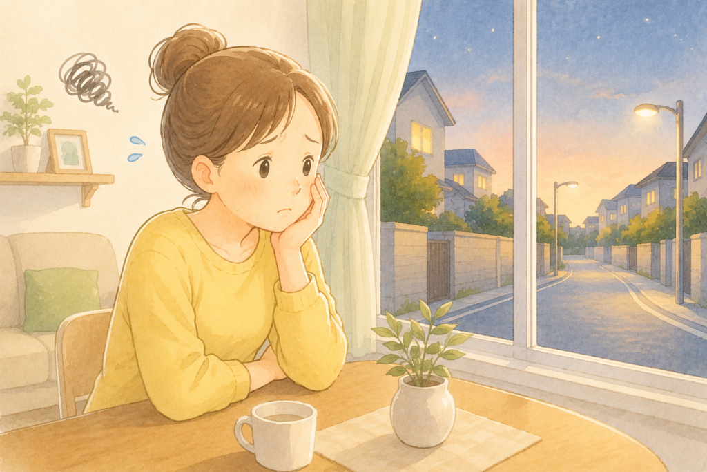 夕暮れの窓辺で物思いにふける女性のイラスト