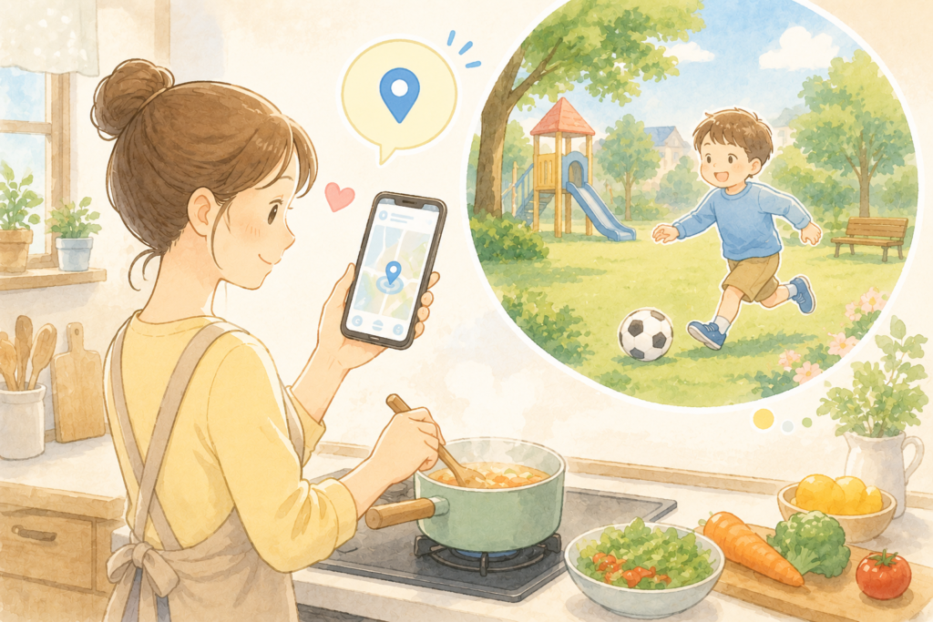 スマホのGPS機能で公園にいる子どもの様子を見守りながら料理する母親のイラスト