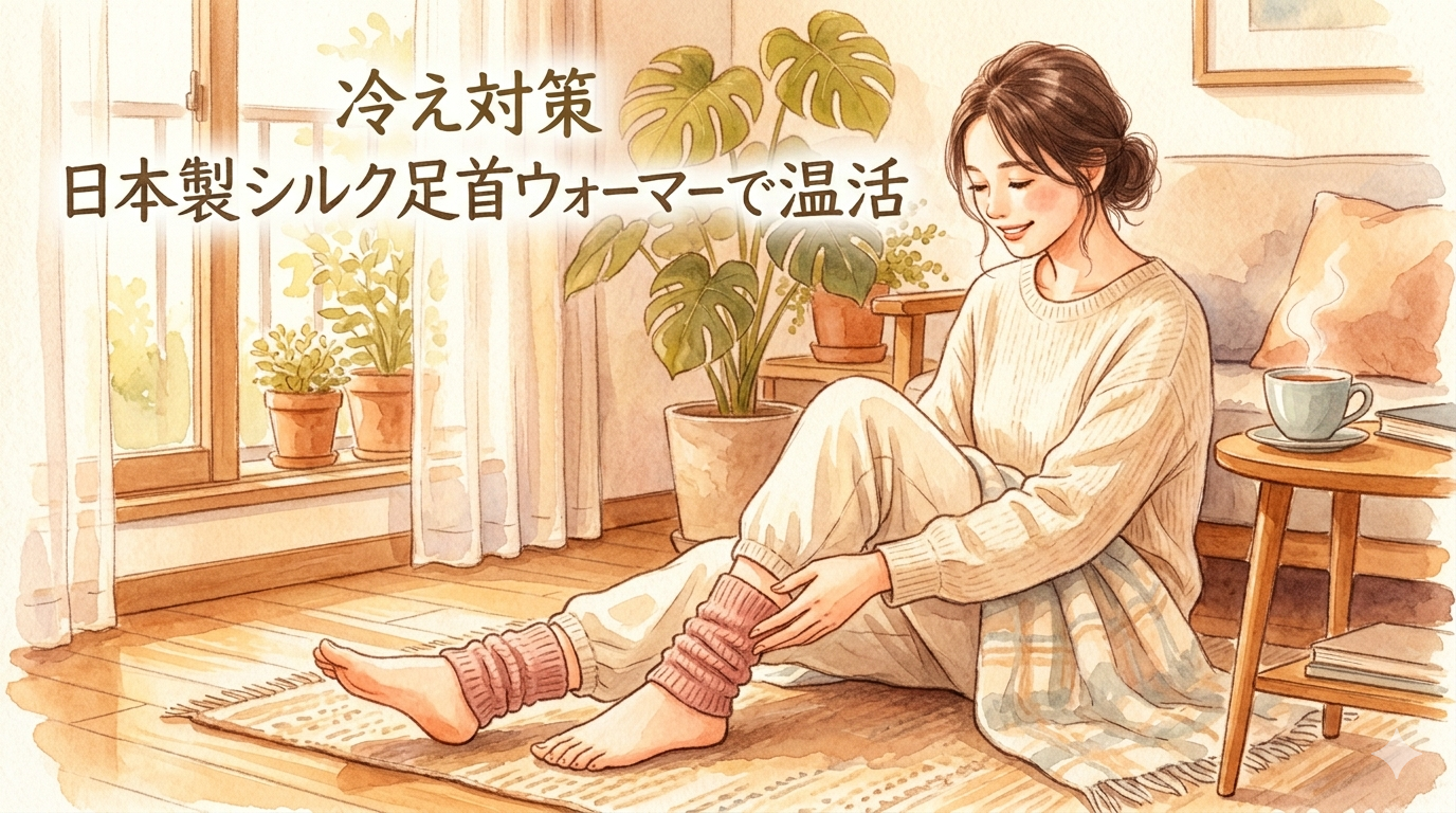 日本製シルク足首ウォーマーで温活する女性のイラスト(冷え対策)