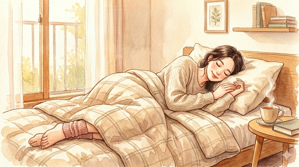 女性がレッグウォーマーをつけて温かく眠る様子の画像