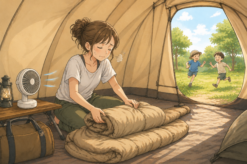 真夏の暑いテント内で片付けをするママのイラスト