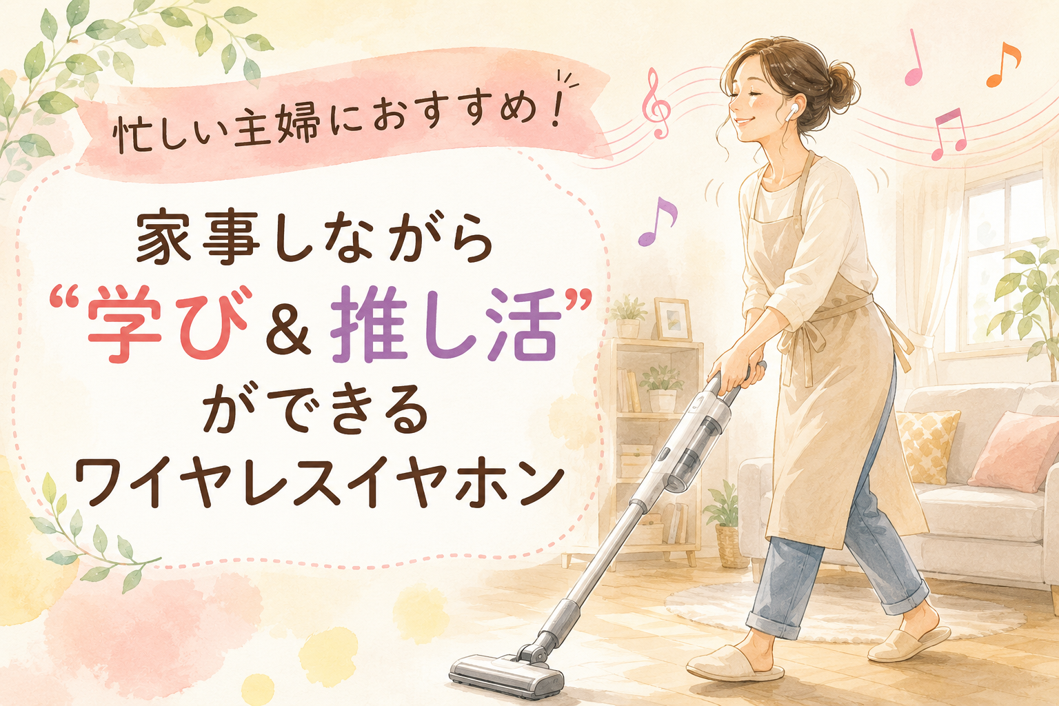 ワイヤレスイヤホンで音楽を聴きながら掃除機をかける40代主婦のイラスト