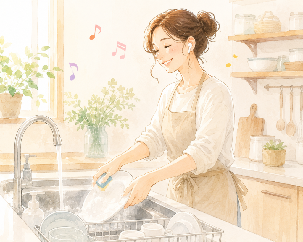 食器を洗いながら、推し活をして機嫌の良い主婦の画像