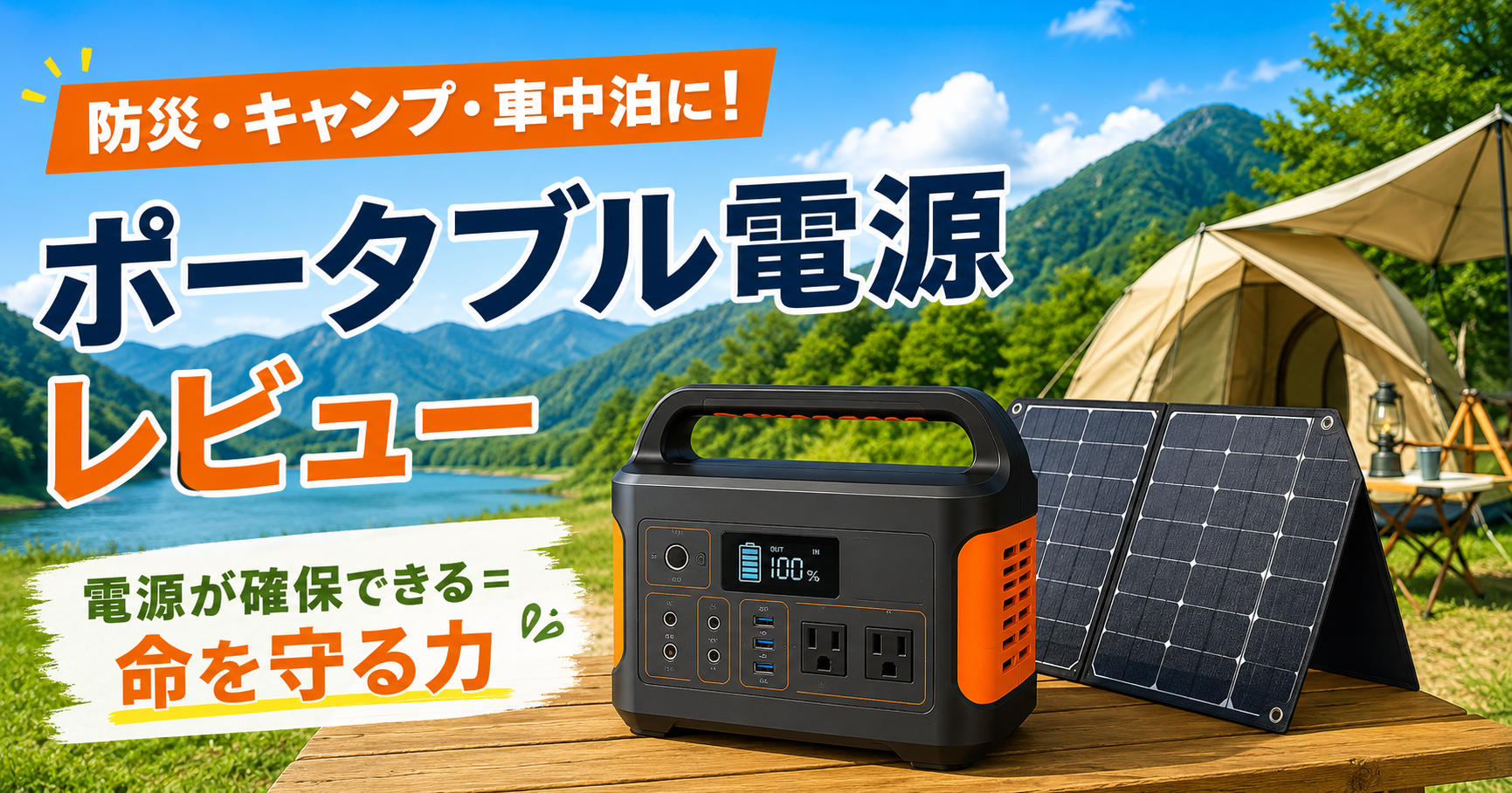 防災キャンプ車中泊に使えるポータブル電源とソーラーパネルのレビューアイキャッチ