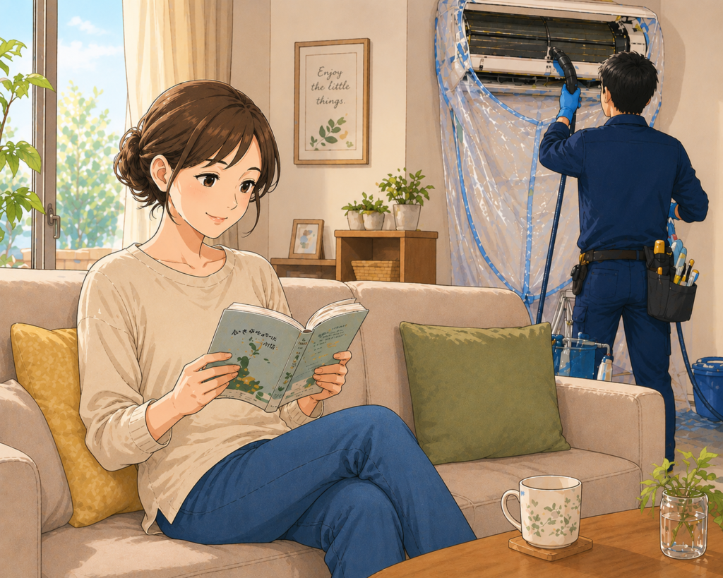 エアコン掃除中に読書をして待つ主婦の画像
