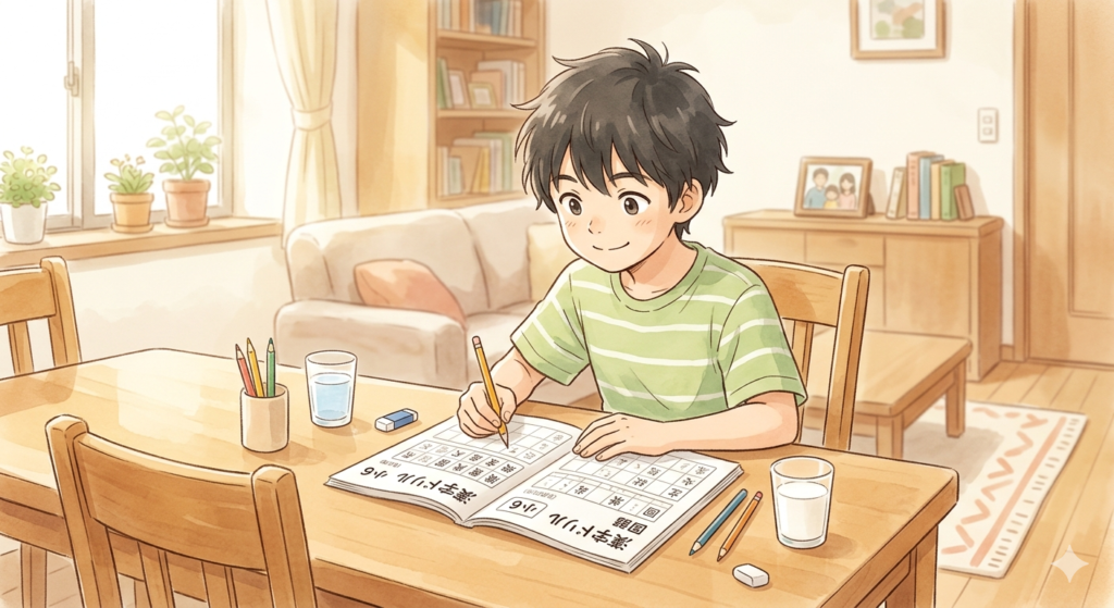 中学受験におすすめの漢字ドリルに取り組む小学生のイラスト