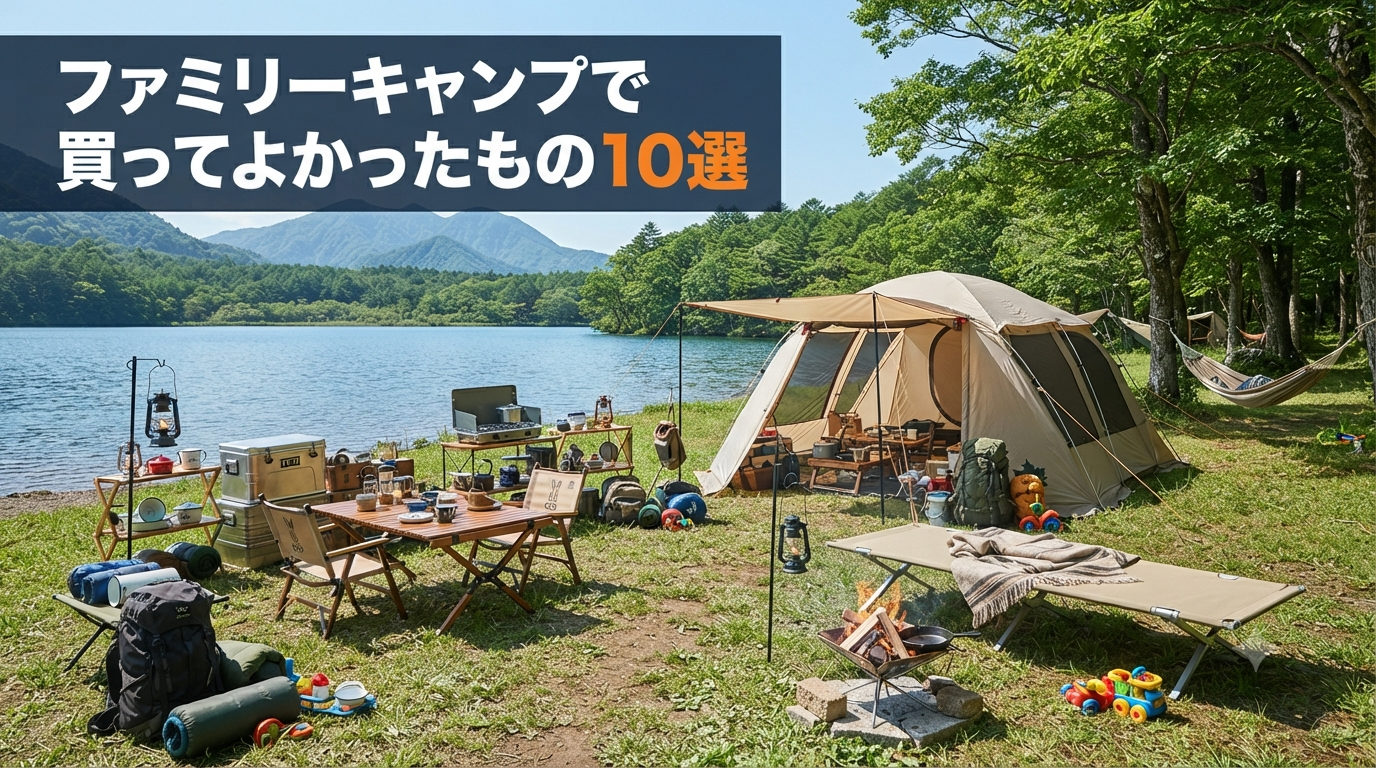 湖畔にテント・テーブル・コット・焚き火台などキャンプ道具一式が並んだファミリーキャンプサイト