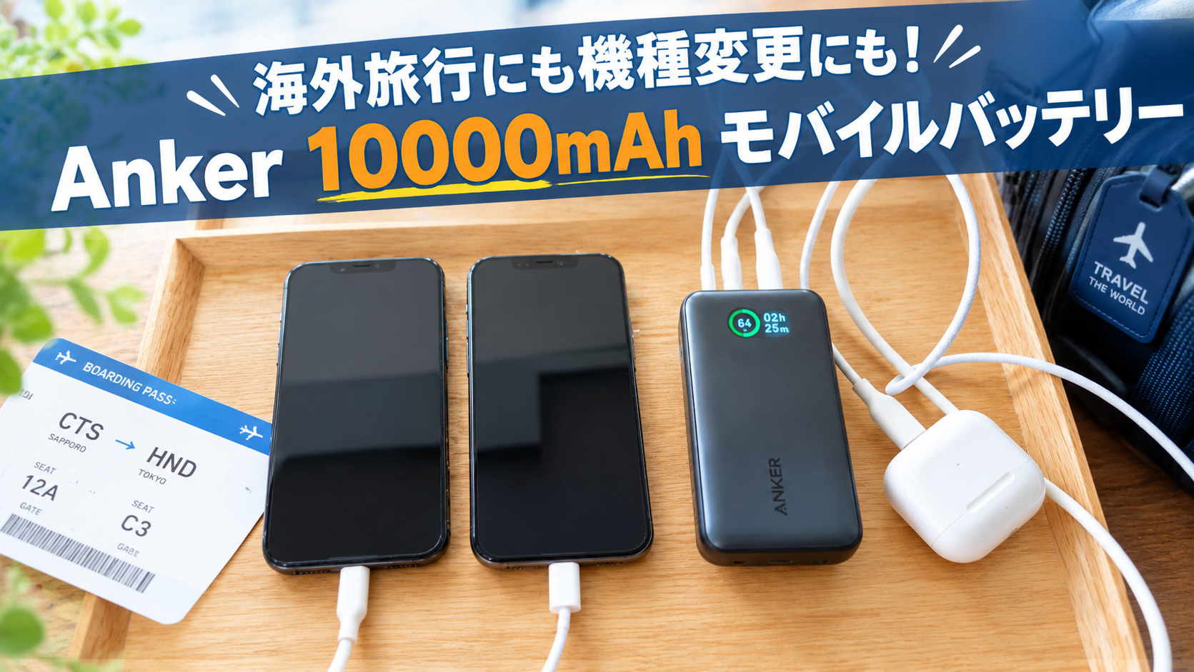 モバイルバッテリーから複数のケーブルで複数台のスマホを同時充電している様子